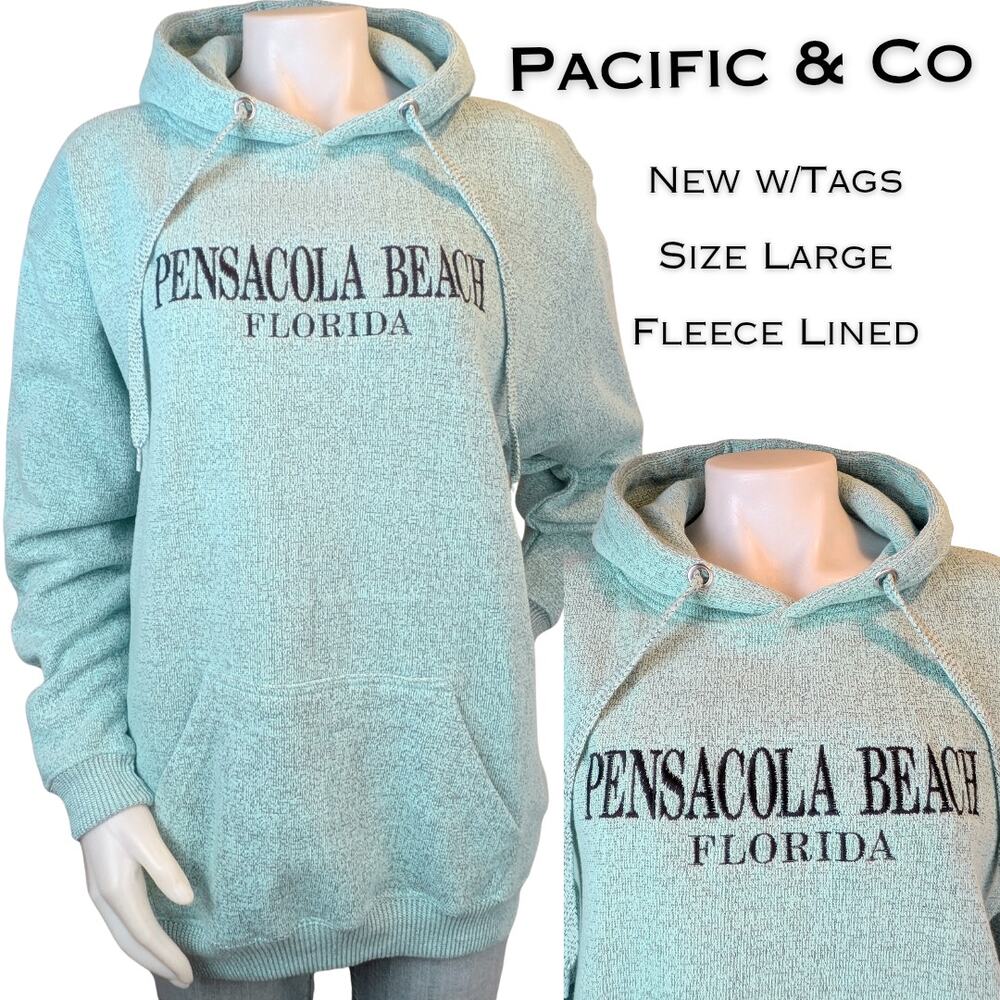 Pacific & Co Womens Hoodie Large Blue Pensacola Beach Oversized Fleece Lined NEW